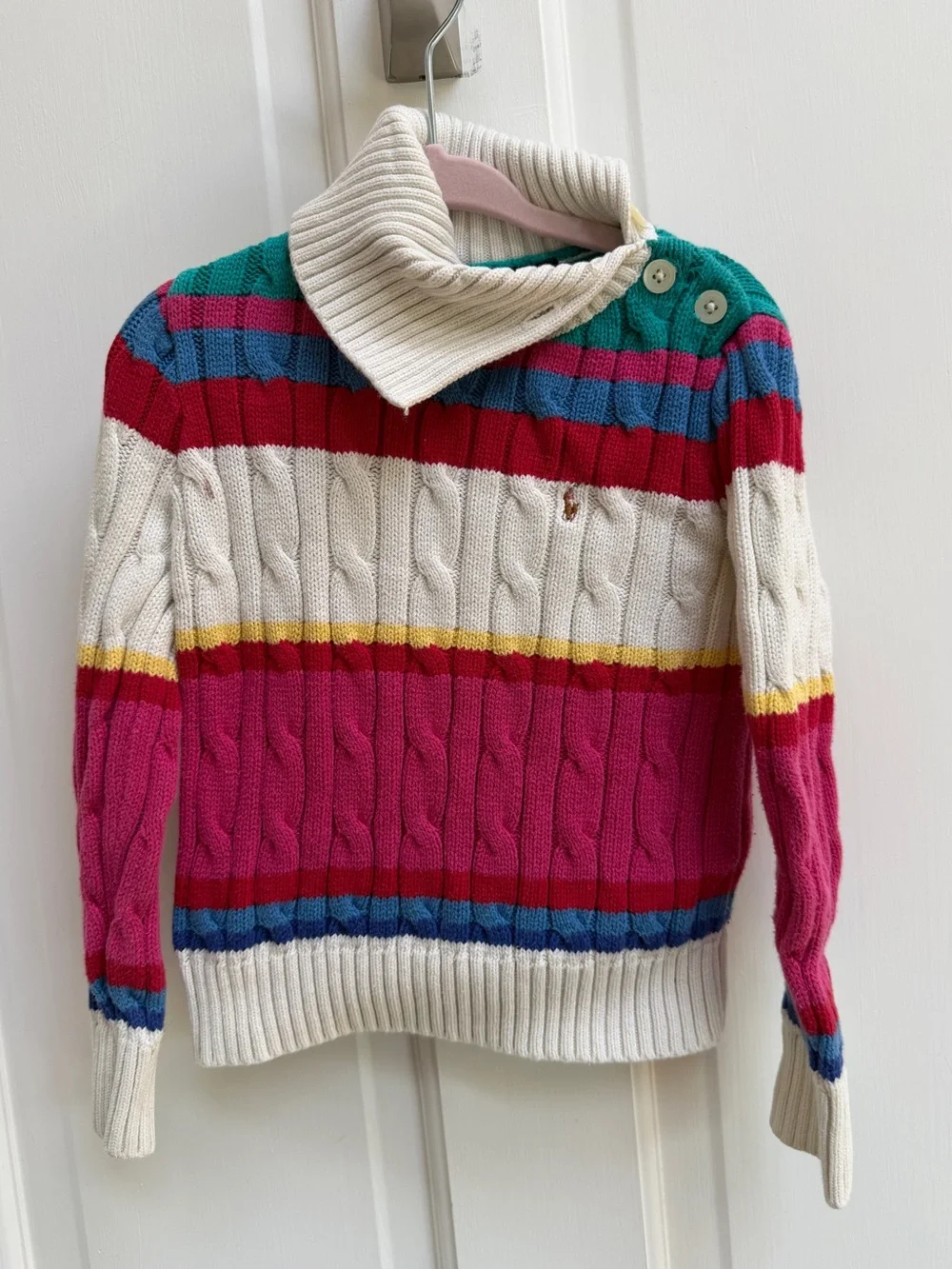 Ralph Lauren Girls 4 Cream Cable-Knit Sweater Pink, Red, Teal & Yellow Stripes